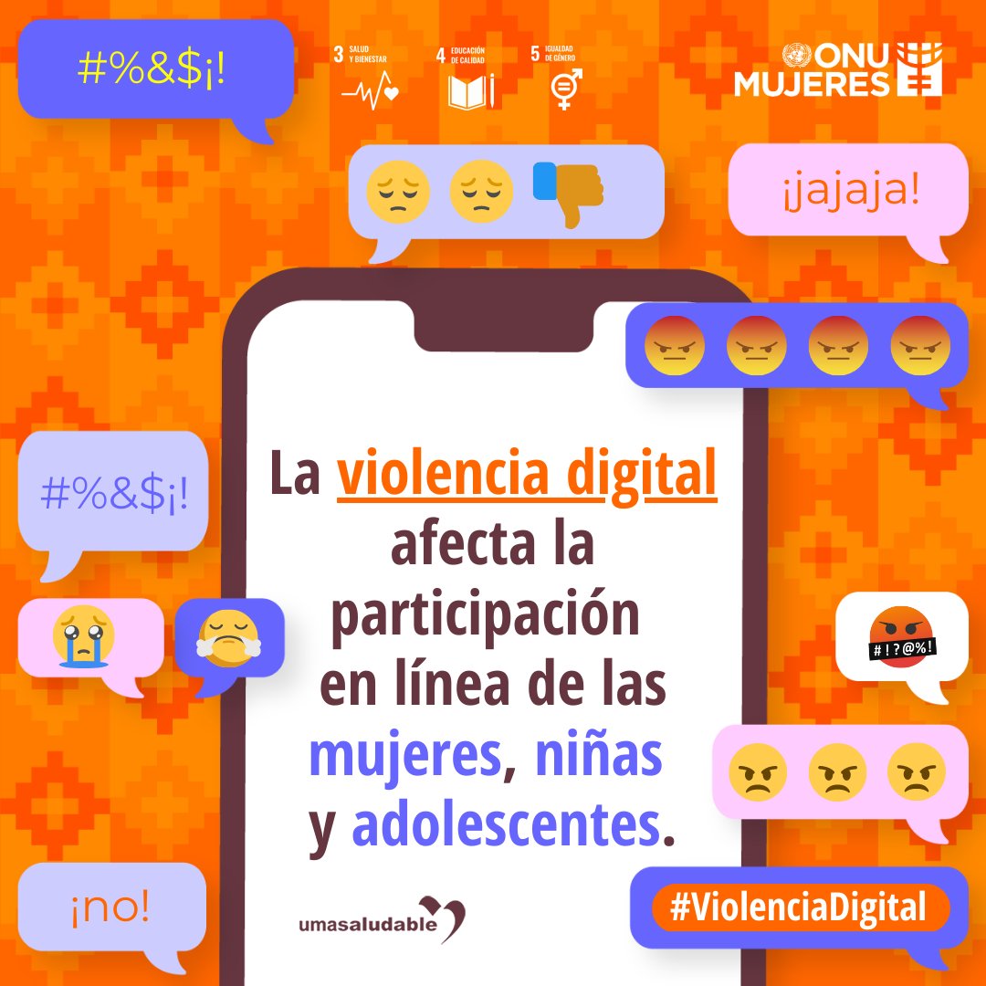 Los efectos de la #ViolenciaDigital traspasan la virtualidad y tienen consecuencias concretas en mujeres y niñas víctimas, como la retirada de estos espacios de expresión o el temor por su integridad física o por su vida.
#DíaDeLasMujeres #UMAsaludable
<a href="/ONUMujeres/">ONU Mujeres</a> @VIDAS_UMA