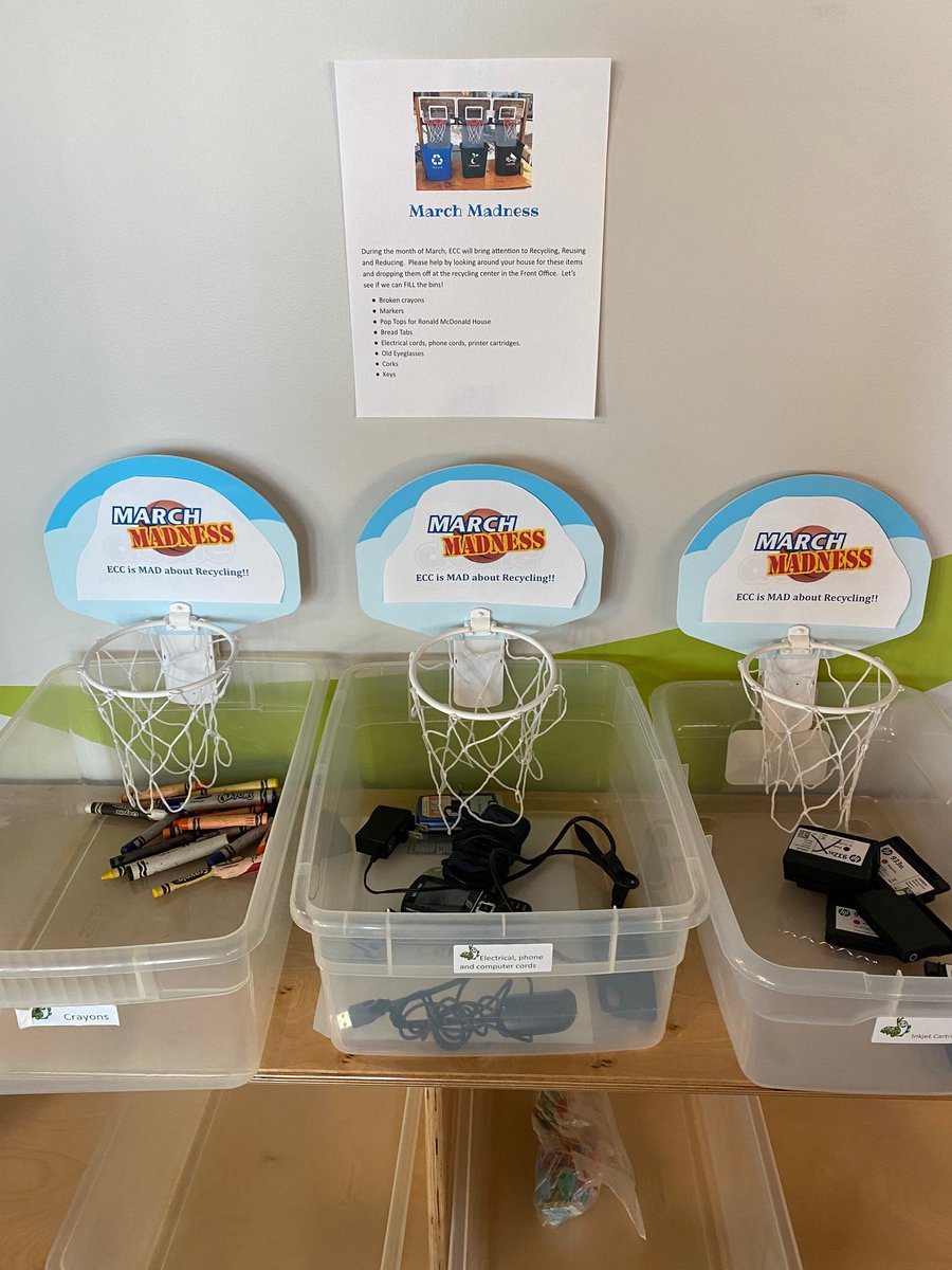 March Madness has started at ECC.  We are "Mad" for Recycling here!  Bring all your crayons, keys, cords, inkjet cartridges, eyeglasses, plastic bread tags, cork, and any books to our recycling center in the front office.