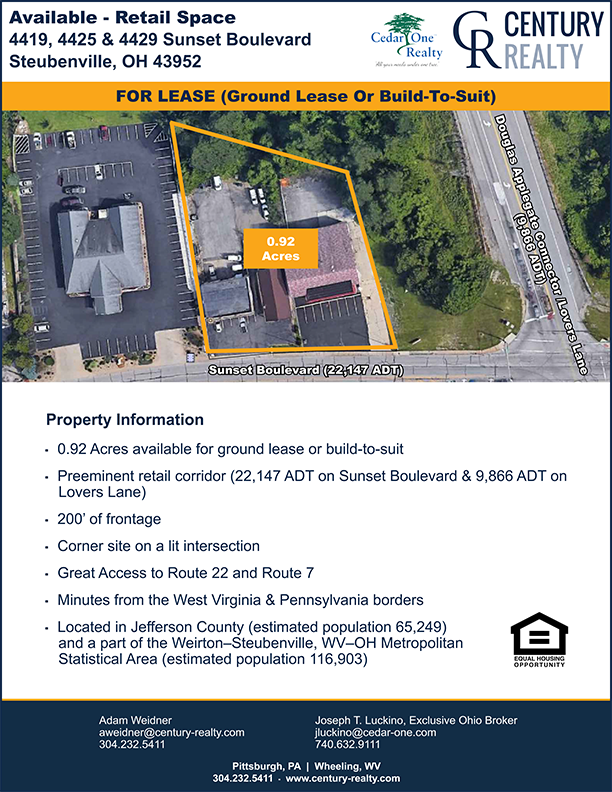 Century_Realty's tweet photo. 0.92 Acres Available For #GroundLease Or #BuildToSuit In A Preeminent #Retail Corridor - #Steubenville, #Ohio. Contact @Century_Realty at 304-232-5411 or Cedar One Realty at 740-632-9111 for more details. #cre #land #CenturyRealty #CedarOneRealty #CORFAC https://t.co/fu2LphLDQH