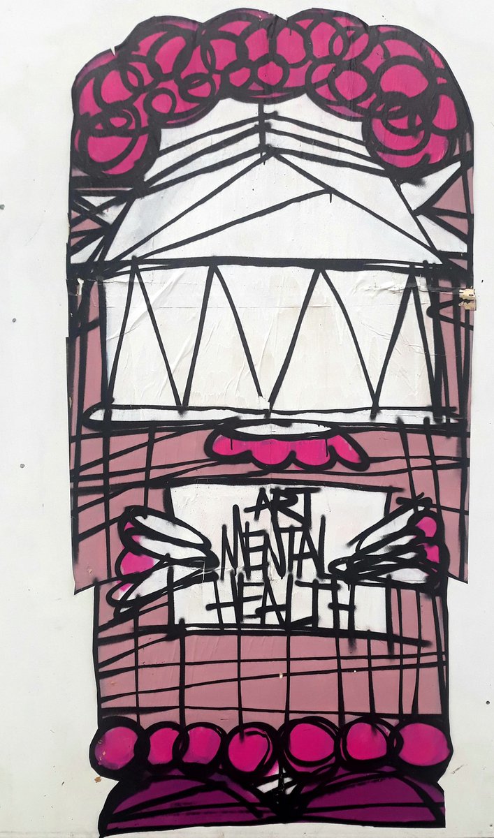 erbradfield's tweet image. Interesting conversations today @PJCare @ShawTrust @mindsarts #CreativeConnections #WellbeingThroughCreativity #Peterborough [local graffiti had no tag so unable to credit: white wall background; black outline of person with pink touches &amp;amp; text #ArtMentalHealth]