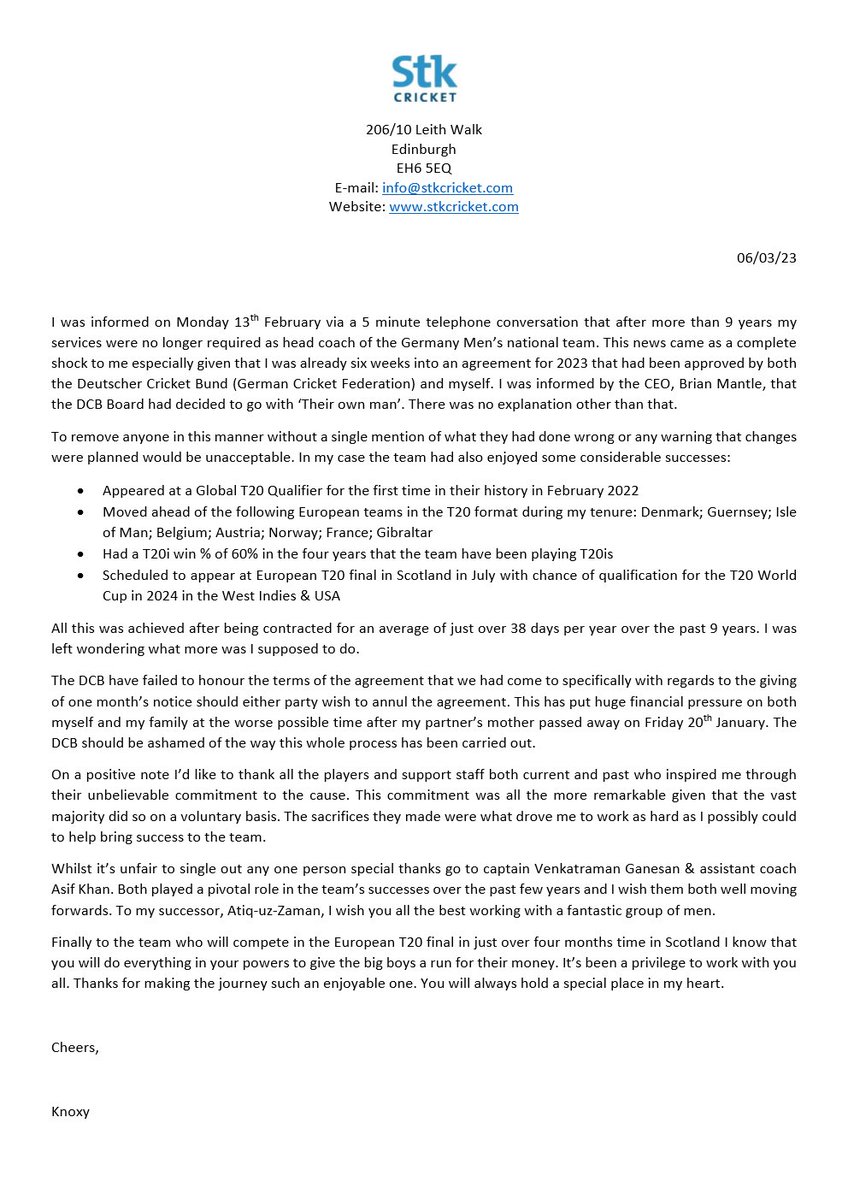 STK Cricket (@stkcricket) on Twitter photo A statement regarding my removal as head coach of <a href="/Cricket_Germany/">Cricket Germany</a> hopefully now in a readable format! A statement regarding my removal as head coach of <a href="/Cricket_Germany/">Cricket Germany</a> hopefully now in a readable format!