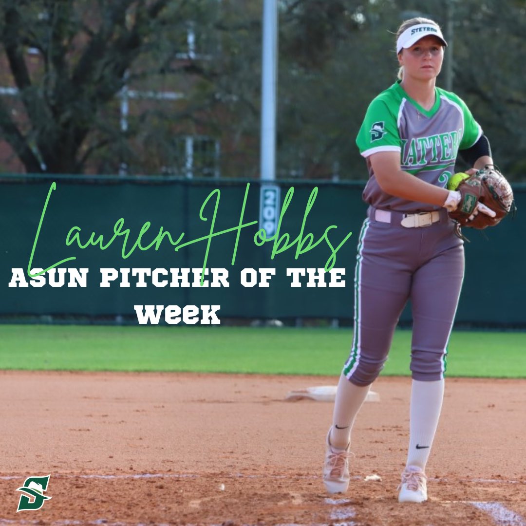 Stetson Softball (@stetsonsoftball) on Twitter photo -Two SEC wins.
-Three complete games.
-21 strikeouts.
-Just 15 hits allowed in four appearances.
<a href="/laurenhobb/">Lauren Hobbs</a> earns ASUN Pitcher of the Week. 🤠
#HatsOff | #morethanme -Two SEC wins.
-Three complete games.
-21 strikeouts.
-Just 15 hits allowed in four appearances.
<a href="/laurenhobb/">Lauren Hobbs</a> earns ASUN Pitcher of the Week. 🤠
#HatsOff | #morethanme