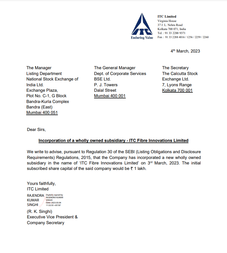 niveyshak's tweet photo. #ITC has created another new company which will be fully owned by ITC. Named "ITC Fibre Innovations Limited" and started operations from March 3 this year. The company's initial share capital will be 1 lakh
#ITC #newsubsidiary #ITCFibreInnovations https://t.co/JOhSf1T797