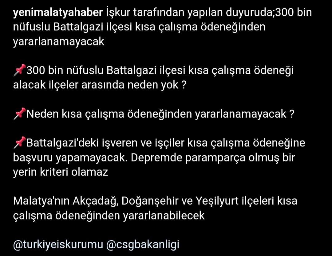 Doğru mu anladım?Battalgazi neden kısa çalışma ödeneğinden faydalanamıyor?Mesela esnaftan geçilmeyen Niyazi Mısri Cad.sağlam işyeri kalmadı? <a href="/sgksosyalmedya/">SGK</a> <a href="/selahattingrkn/">Selahattin Gürkan</a>