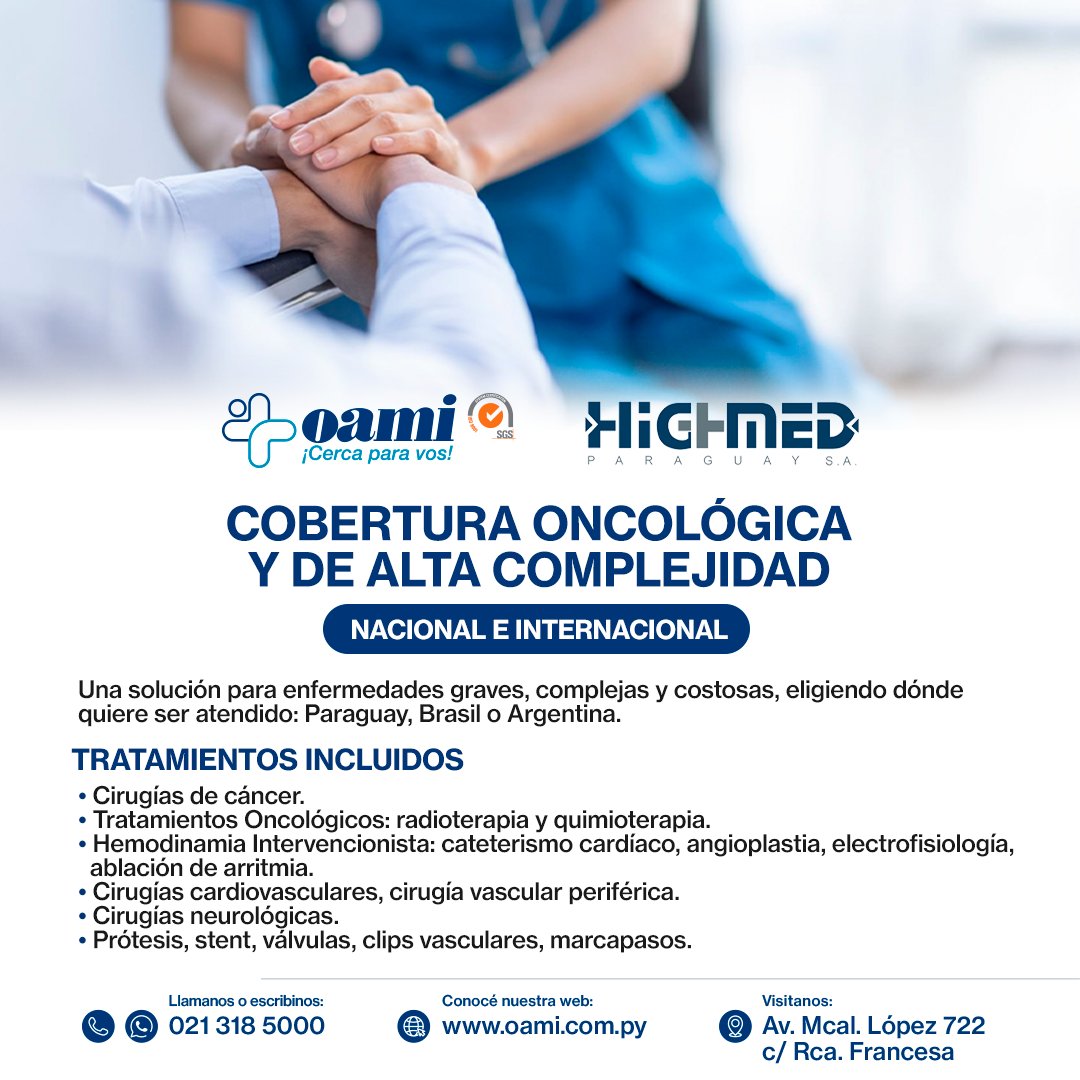 OamiPy's tweet photo. Con el servicio de Alta Complejidad accedés a coberturas en centros de salud de 𝗣𝗮𝗿𝗮𝗴𝘂𝗮𝘆, 𝗔𝗿𝗴𝗲𝗻𝘁𝗶𝗻𝗮 𝘆 𝗕𝗿𝗮𝘀𝗶𝗹 con más especialidades cubiertas, tratamientos más complejos incluyendo cirugías Oncológicas y muchos beneficios más. 🇵🇾🇧🇷🇦🇷🏥 https://t.co/sf4TT58MXP
