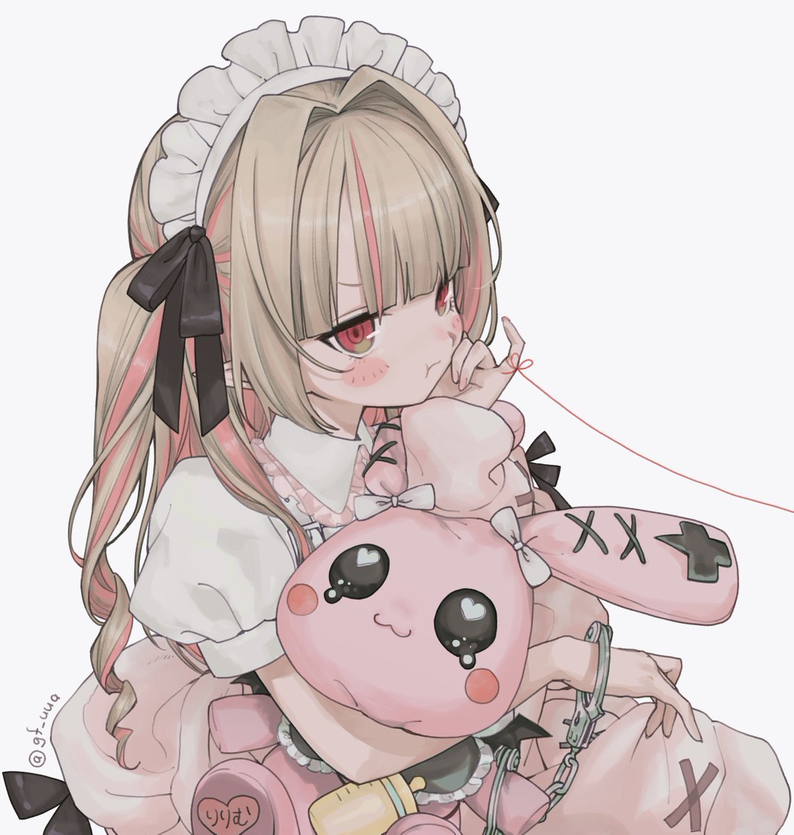 makaino ririmu 1girl stuffed toy solo maid headdress stuffed animal stuffed bunny pink hair  illustration images