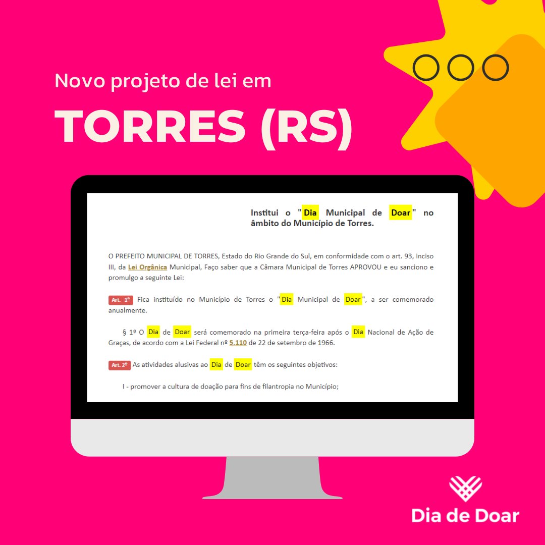 O Dia de Doar também é lei em Torres, no Rio Grande do Sul!

Mais uma cidade comprometida com a ampliação da cultura de doação.

#DiaDeDoar #PLDiaDeDoar #CulturaDeDoação #Doação #GenerosidadeRadical #Generosidade #GivingTuesday #GivingTuesdayBrazil