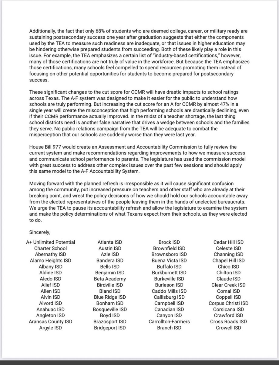 MHSLions's tweet photo. Today, McKinney ISD joined 250 districts and education organizations in asking the TEA to pause its “refresh” of the A-F Accountability System which retroactively increases the criteria for College, Career and Military Readiness by 47%. Read the letter here— https://t.co/jRKqJvF2Xo
