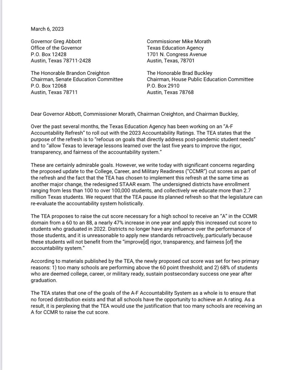 MHSLions's tweet photo. Today, McKinney ISD joined 250 districts and education organizations in asking the TEA to pause its “refresh” of the A-F Accountability System which retroactively increases the criteria for College, Career and Military Readiness by 47%. Read the letter here— https://t.co/jRKqJvF2Xo