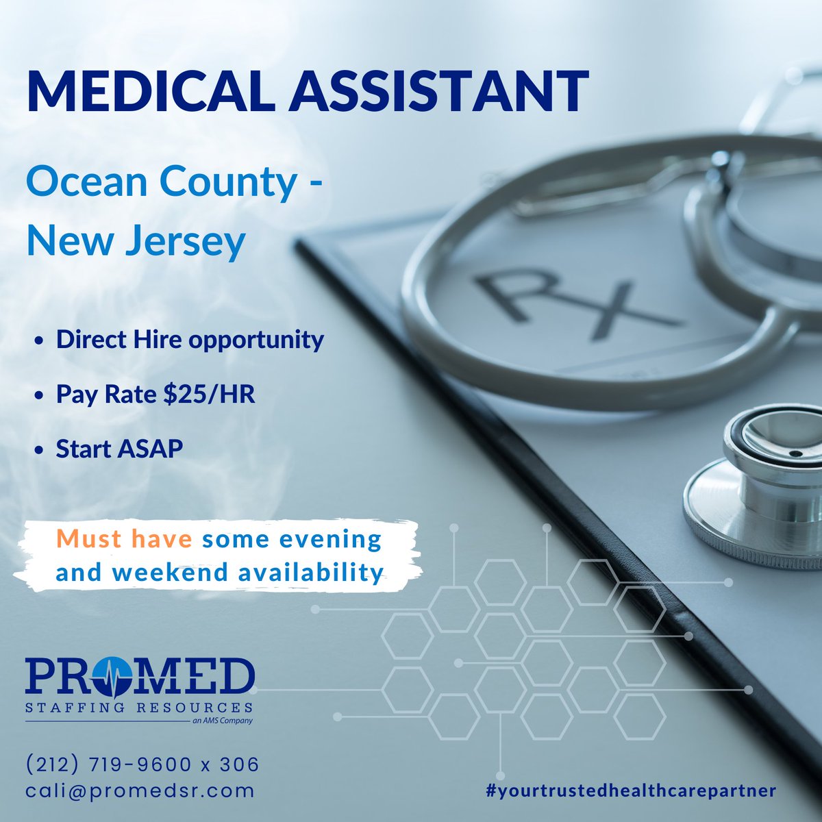 Join one of #newyorkcity's leading #medicalfacilities as a #medicalassistant in #oceancounty, #newjersey! Send your resume to Christina Ali at cali@promedsr.com today!

#certifiedmedicalassistants #phlebotomist #clinicaljobs #staffingagency #recruitmentagency #hiring #promedsr