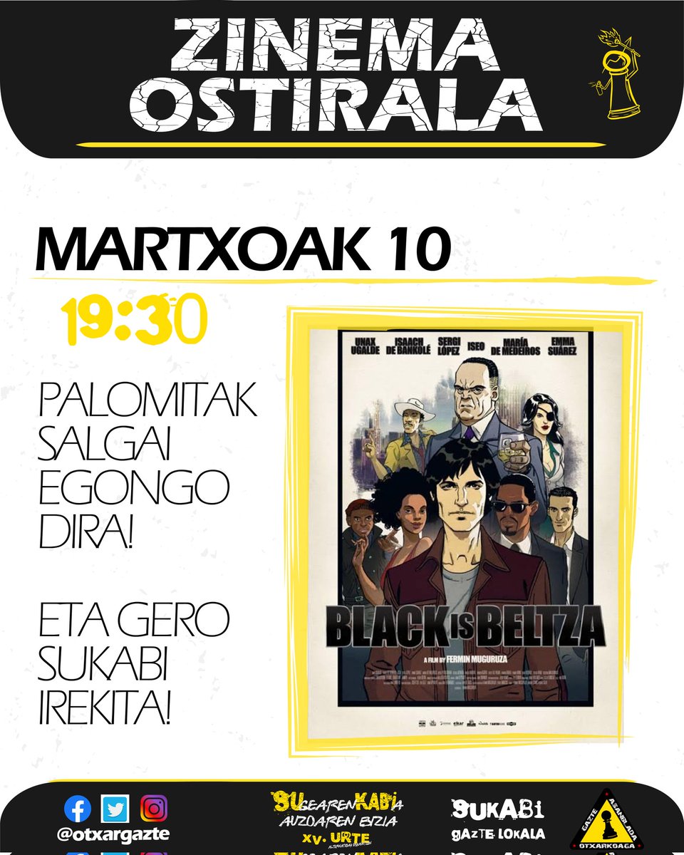 otxargazte's tweet photo. 📆Ostiral honetan "BLACK IS BELTZA" filma ikusteko eta komentatzeko aukera izango dugu.
🎉Horren ostean, sukabi irekita egongo da.
Animatu eta pasa zaitez!
--
📆Este viernes veremos y comentaremos la pelicula "BLACK IS BELTZA". 
🎉Despues dejaremos sukabi abierto.
Animate y ven! https://t.co/6j1SLQTDLM