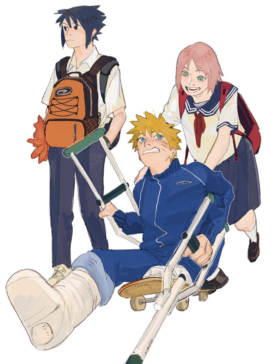 haruno sakura ,uchiha sasuke ,uzumaki naruto 1girl multiple boys blonde hair pink hair backpack 2boys school uniform  illustration images