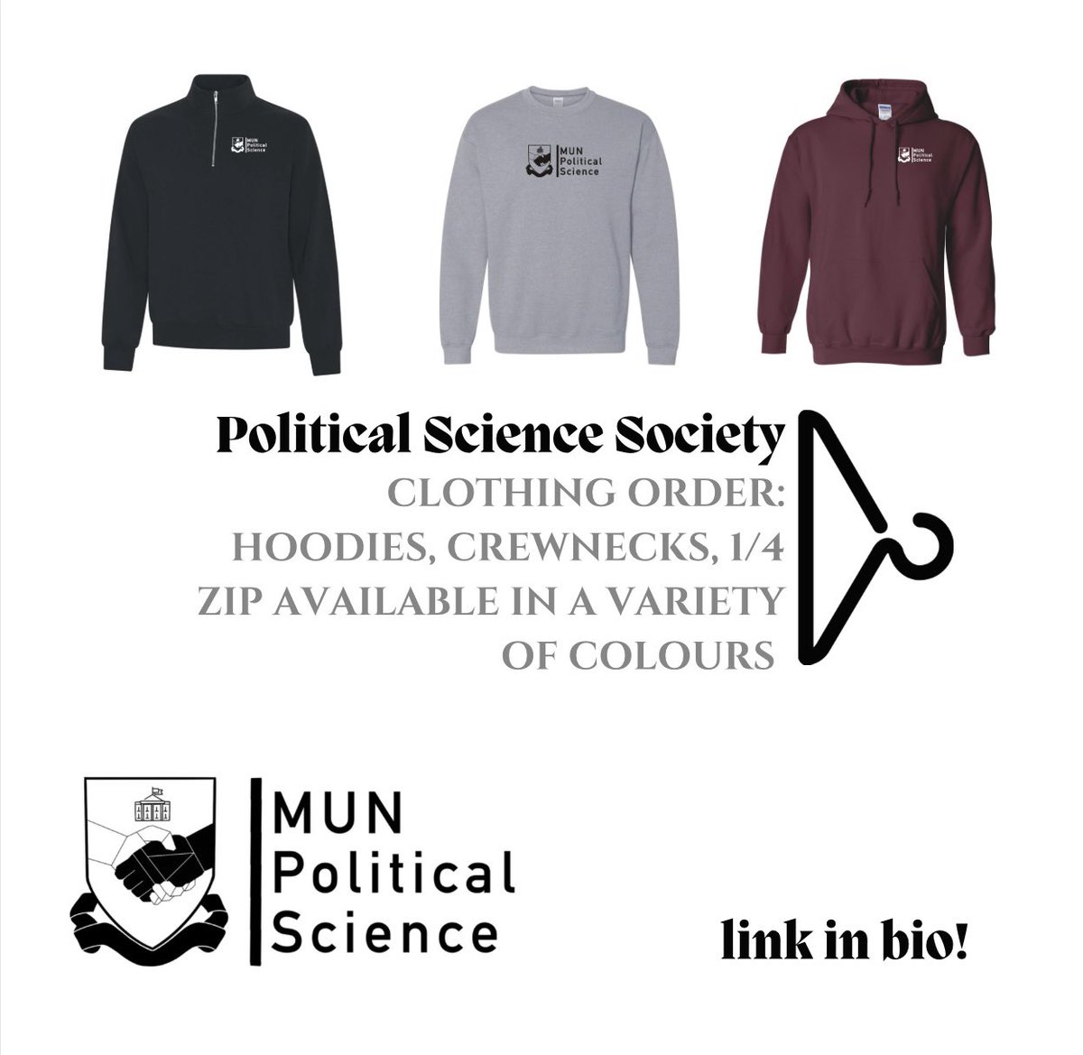 MUN_POSC's tweet photo. Exciting news! We’re launching this year’s clothing order! We have hoodies, sweatshirts, and 1/4 zip sweaters in a variety of colours. To purchase, click the link below 👇🏻 

https://t.co/sGj8ssZpCI

A special thank you going out to Kennedy Blanchard who designed our new logo! https://t.co/gmPsDgfvmf