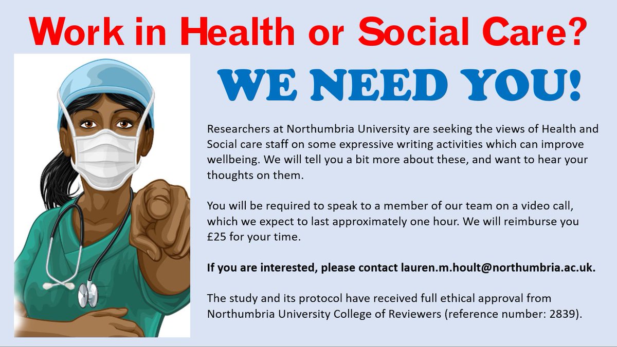 Michael Smith (@dr4smith) on Twitter photo ATTENTION HEALTH AND SOCIAL CARE STAFF. We want to hear your views on expressive writing activities for improving your wellbeing. If you are interested, please contact lauren.m.hoult@northumbria.ac.uk ATTENTION HEALTH AND SOCIAL CARE STAFF. We want to hear your views on expressive writing activities for improving your wellbeing. If you are interested, please contact lauren.m.hoult@northumbria.ac.uk