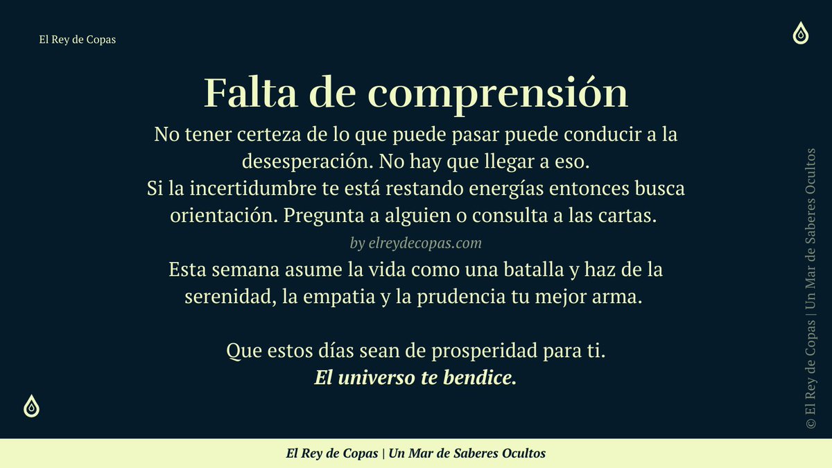 El Consejo de la Semana.
Espero que te sea útil.
Un abrazo fuerte.
El universo te bendice. (2/2)
👑
#elfuturoeshoy #creatufuturo #ElReyDeCopas #Cartomancia #BarajaEspañola #madrid #barajasespañolas #spanishcards #cards #mensajes #mensajedeldia #mimensajedehoy