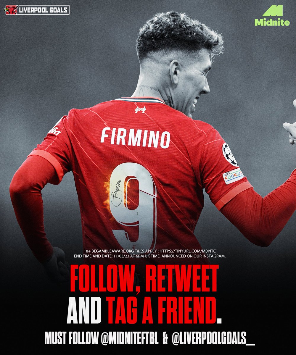 Livin_Liverpool's tweet image. To celebrate a 7-0 victory against Man United, we are running a MASSIVE giveaway of a SIGNED BOBBY kit 😍🥲 To enter the giveaway, you need to:

- Follow @MidniteFtbl &amp;amp; @Liverpoolgoals_
- Retweet this post
- Tag a friend

✅ And that’s it! Winner will be announced on our…