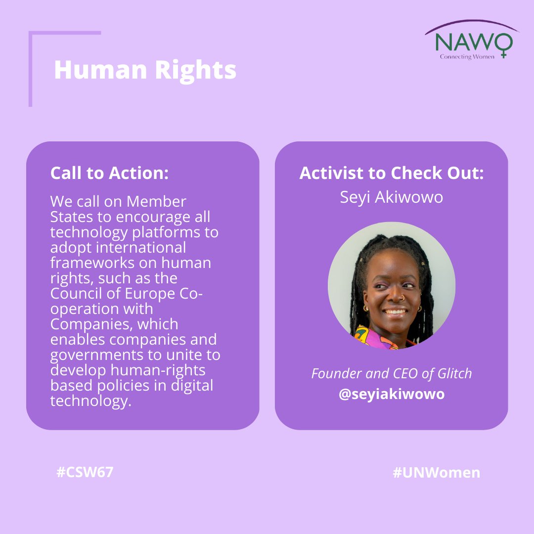 Today we call on Member States to encourage all technology platforms to adopt international frameworks on human rights. 💭 Join us for further discussion at our event 'A Feminist Internet' on March 14th at 1pm GMT via Zoom. 📌 Register using the link in our bio! #CSW67