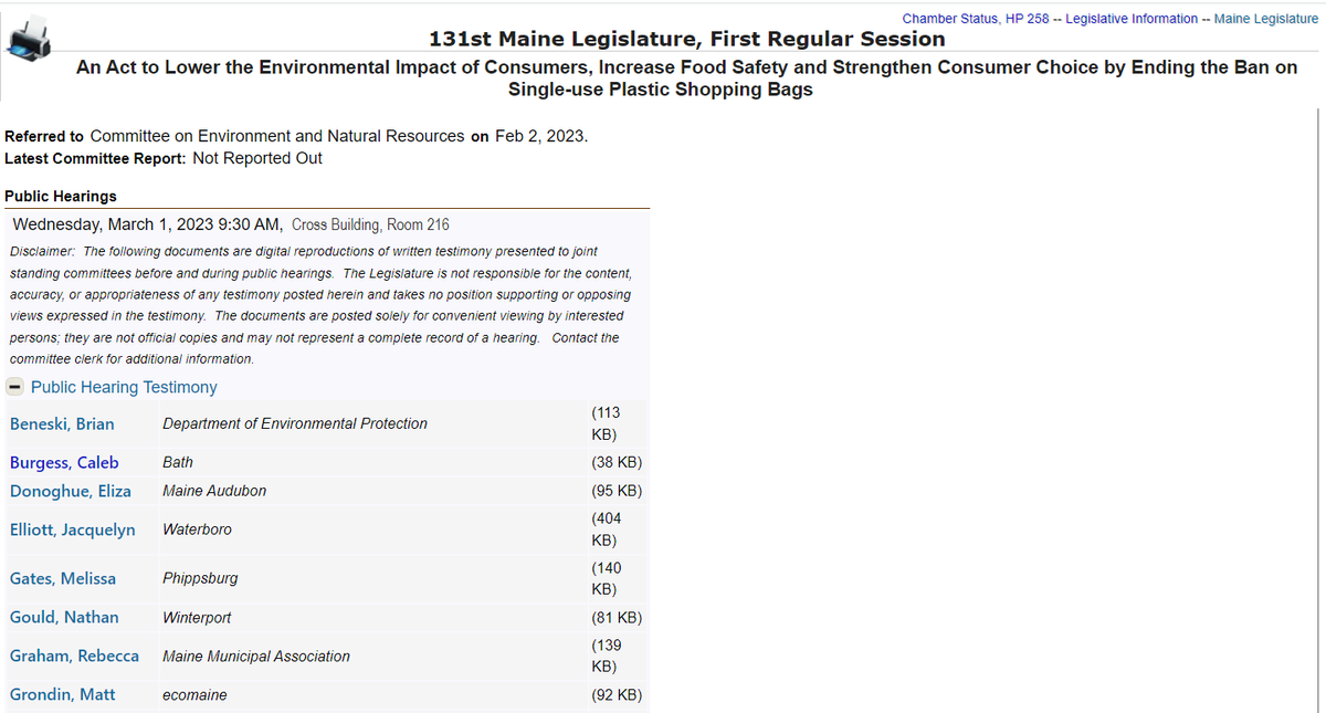 ceichacker's tweet photo. A bill that would end Maine's plastic bag ban -- in the name of environmental progress, health and consumer choice -- appears to be getting the legislative equivalent of ratioed. About 15 pieces of testimony against, 3 for it. https://t.co/LGMC1xu71O
