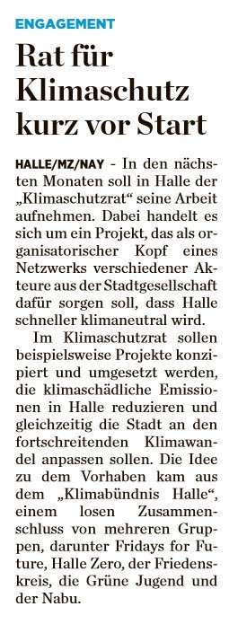 Letzte Woche gab es diesen kleinen Artikel in der MZ.

Darin geht es um unser aktuell wichtigstes Projekt: den #Klimaschutzrat :)
Und wir arbeiten fleißig weiter daran, so bald wie möglich mit ihm zu starten.