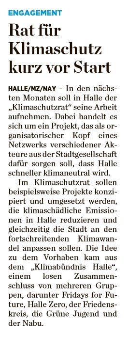 Letzte Woche gab es diesen kleinen Artikel in der MZ. Darin geht es um unser aktuell wichtigstes Projekt: den #Klimaschutzrat :) Und wir arbeiten fleißig weiter daran, so bald wie möglich mit ihm zu starten.