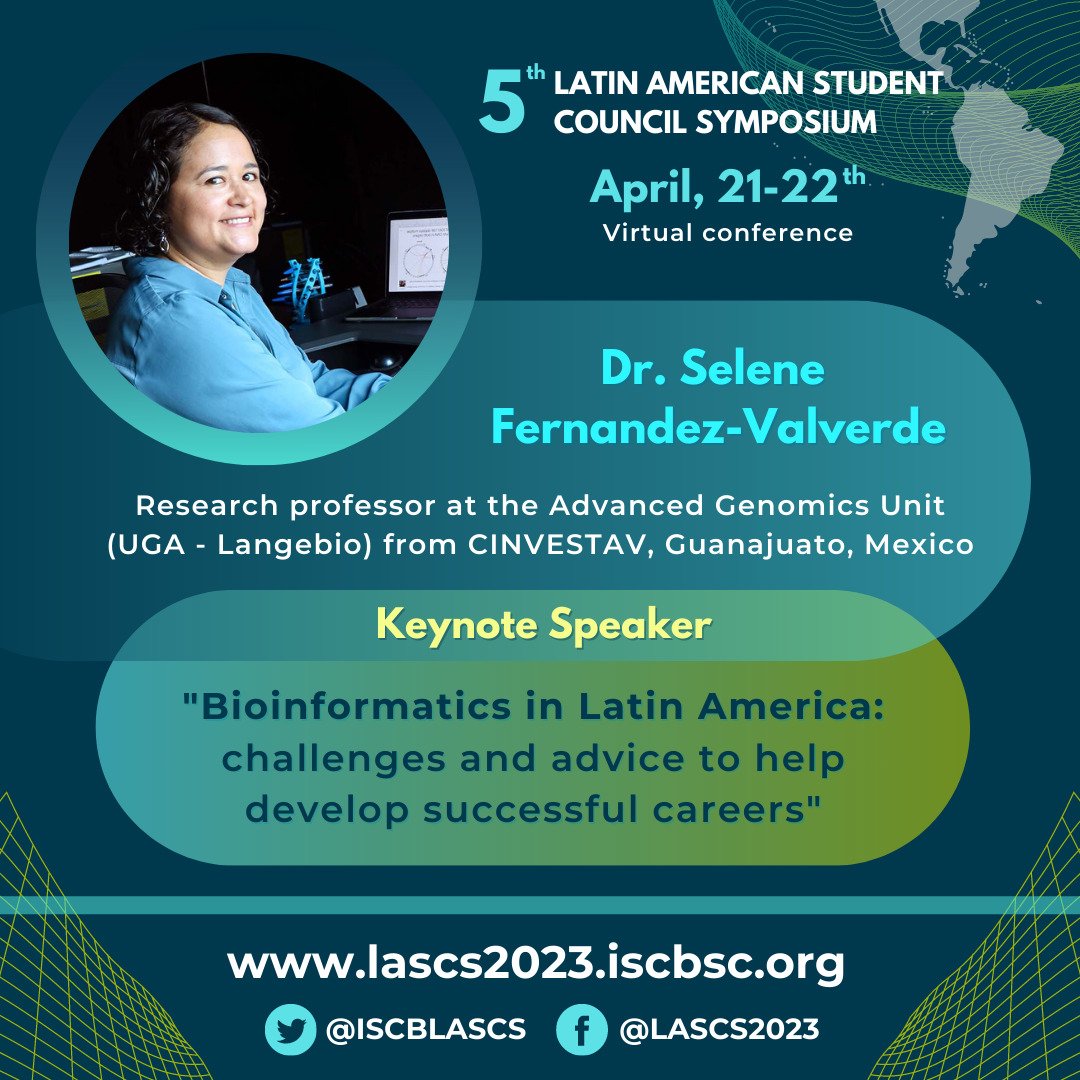 ISCB RSG Latin America (@iscblascs) on Twitter photo 🆕️🆕️🆕️
Dear #LASCS2023 community,
Confirmed keynote speaker:
Dr. Selene Fernandez-Valverde <a href="/SelFdz/">Selene FeRNAndez</a> from Mexico.
We are pleased to have you!
🔴 March 13th will be closing the date for the abstract submission.
💻 forms.gle/BvyLQ32PHb3etA…
ℹ lascs2023.iscbsc.org
<a href="/iscbsc/">ISCB Student Council</a> 🆕️🆕️🆕️
Dear #LASCS2023 community,
Confirmed keynote speaker:
Dr. Selene Fernandez-Valverde <a href="/SelFdz/">Selene FeRNAndez</a> from Mexico.
We are pleased to have you!
🔴 March 13th will be closing the date for the abstract submission.
💻 forms.gle/BvyLQ32PHb3etA…
ℹ lascs2023.iscbsc.org
<a href="/iscbsc/">ISCB Student Council</a>