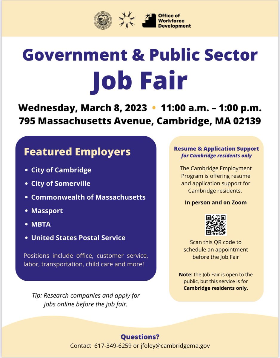 MayorsProgram's tweet photo. Our friends on the Adult Team are hosting a Job Fair! This Wednesday, March 8th from 11am-1pm at City Hall. Please share with anyone who might be interested! 
*this job fair is for adults, not for high school students* 
#cambridgema #jobfair https://t.co/fC7Jjvu5TZ