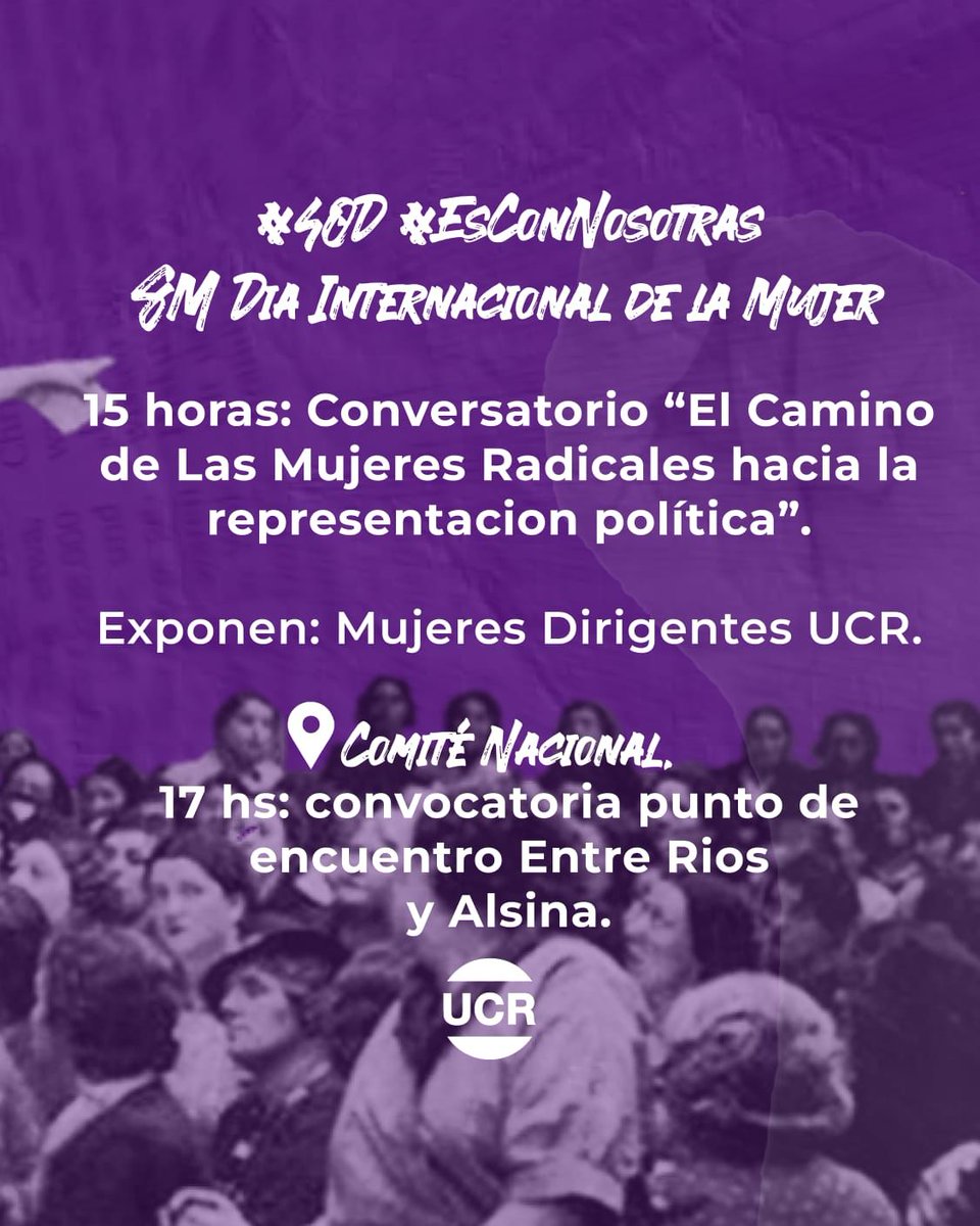 UCRCapital's tweet photo. Sin democracia no hay derechos, sin mujeres no hay democracia. 

Este miércoles 8 de marzo nos reunimos en el Comité Nacional (📍Alsina 1786, CABA)

🕕15:00 hs. Conversatorio.
🕕17:00 hs. Marchamos desde Alsina y Entre Ríos.

#EsConNosotras #40D #8M

🇵🇱 https://t.co/AVIbqq6Gv9