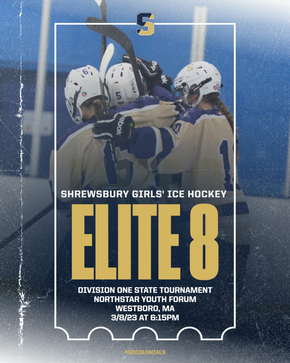 #3 Shrewsbury Girls' Ice Hockey will take on #6 Hingham in the Elite 8 of the MA Division 1 Girls' Ice Hockey Tournament Wed at 6:15pm.

Link for tix will be on GoFan and will be posted ASAP. Please purchase tickets prior to arrival due to poor service at the rink. Go Colonials!