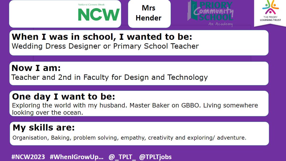 It is National Careers' week. Here @Priorycsa we are sharing what we wanted to be when we grew up, what we are doing now and where we want to be in the future. #NCW2023 @TPLTjobs #whenigrowup