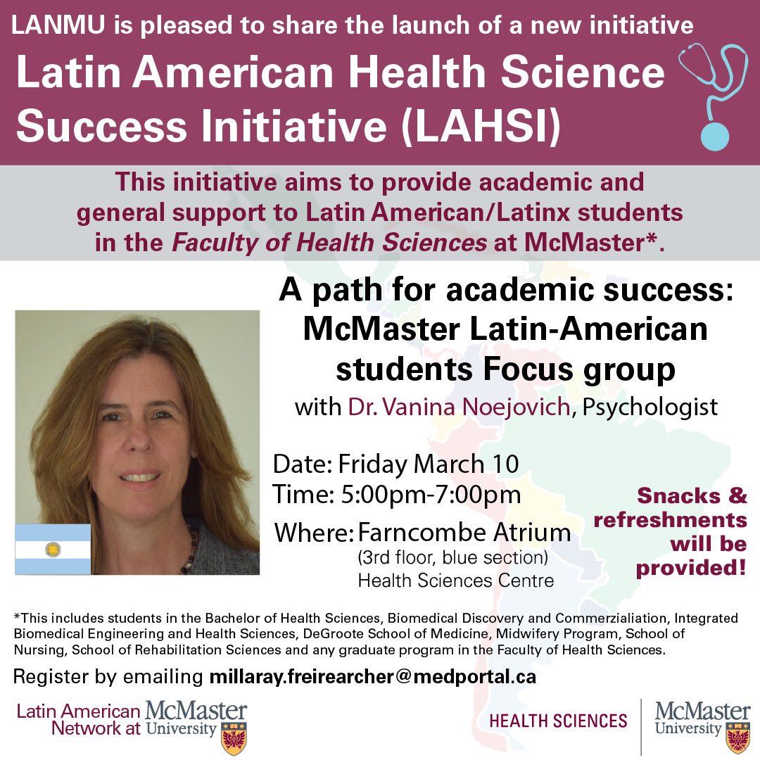 Latin American Health Science Success Initiative (LAHSSI) is a newly funded initiative that aims to provide academic support to Latin American/Latinx students (or with interests) in the Faculty of Health Sciences. Don’t miss our first workshop and sign up! @McMasterU @McMasterLAN