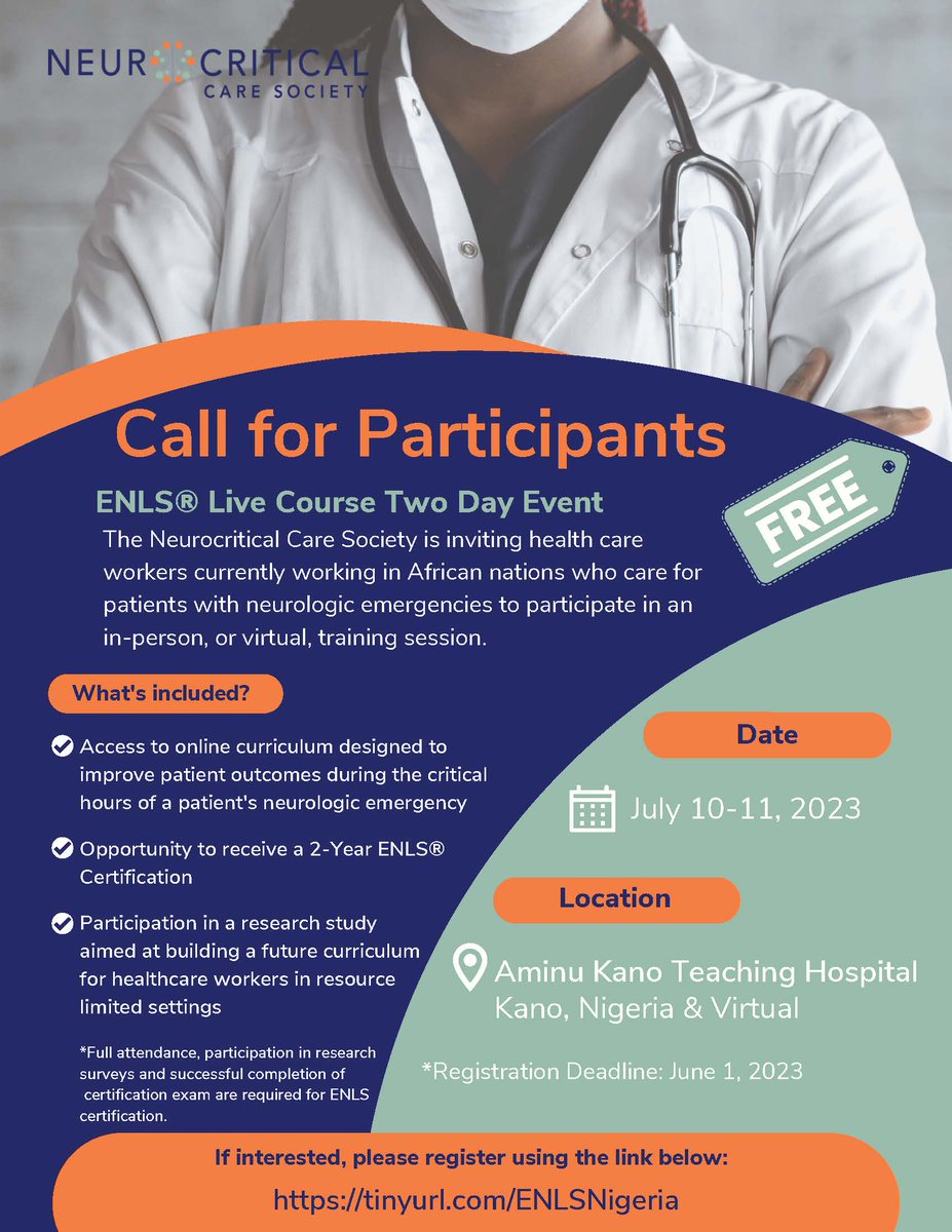 Are you a health worker based in Africa caring for patients with neurologic emergencies? Join us for a FREE Emergency Neurological Life Support (ENLS) training event and help us understand how care is delivered in your practice setting. #neurocriticalcare #globalneurology