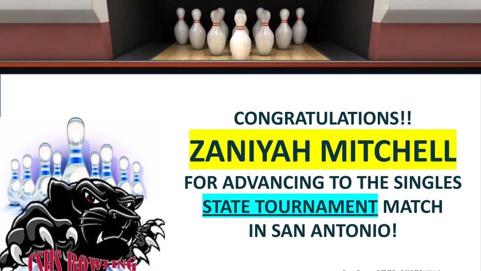 CSHSBowling's tweet image. CONGRATULATIONS to our Girls varsity’s captain Zaniya Mitchell for advancing to the STATE singles tournament!! Awesome job! 💪🏽🎳 #alldayeveryday