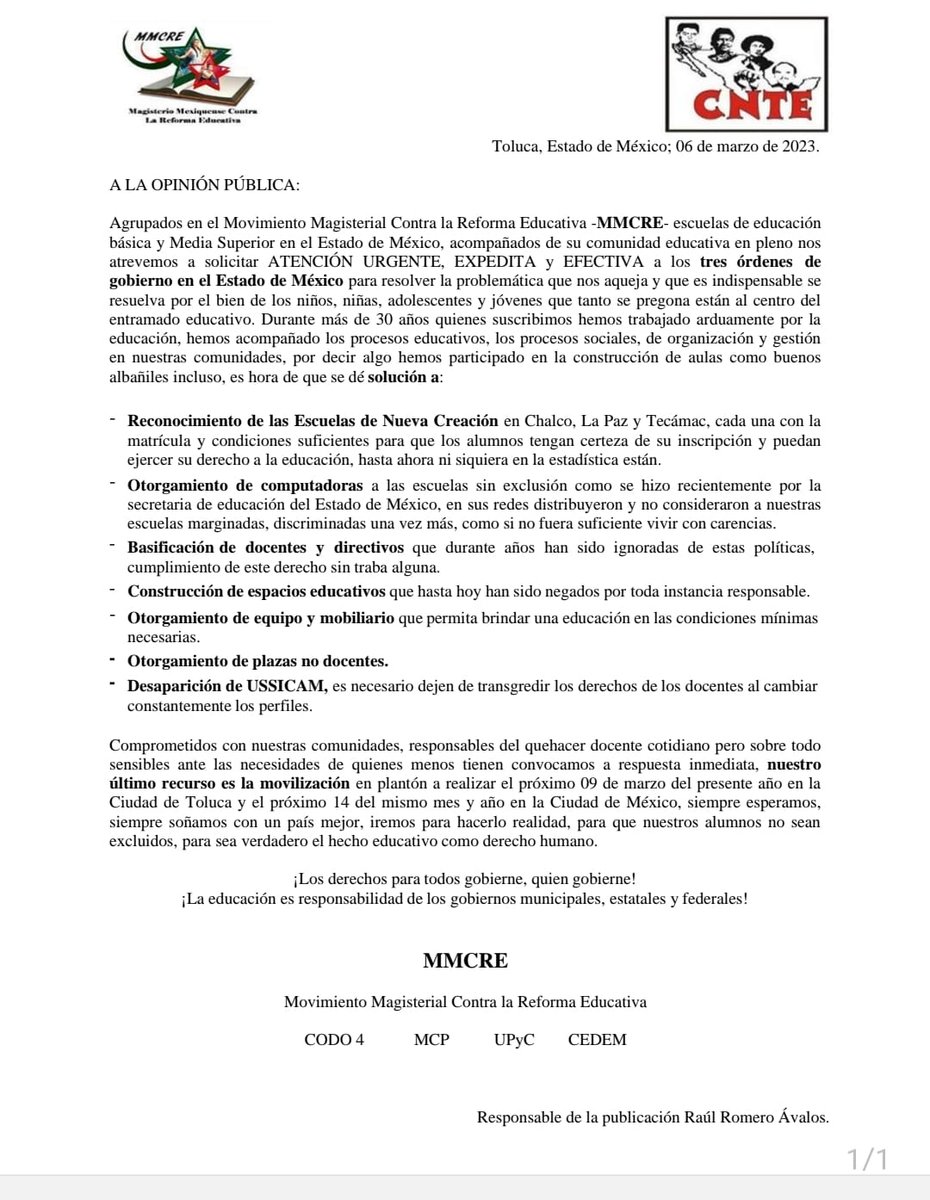 JoseJua69976835's tweet photo. MCP-SE
EL MOVIMIENTO CÍVICO POPULAR SECTOR EDUCATIVO, EXIGE ATENCIÓN URGENTE, RÁPIDA Y EXPEDITA POR PARTE DE LOS TRES ÓRGANOS DE GOBIERNO FEDERAL, ESTATAL Y MUNICIPAL, MARCHA PLANTÓN A LA CD DE TOLUCA ESTE 9 DE MARZO A LA CD. DE TOLUCA Y EL 14 DEL MISMO A LA CDMX. ATTE. MCP-SE https://t.co/hx3gQ2PKC8