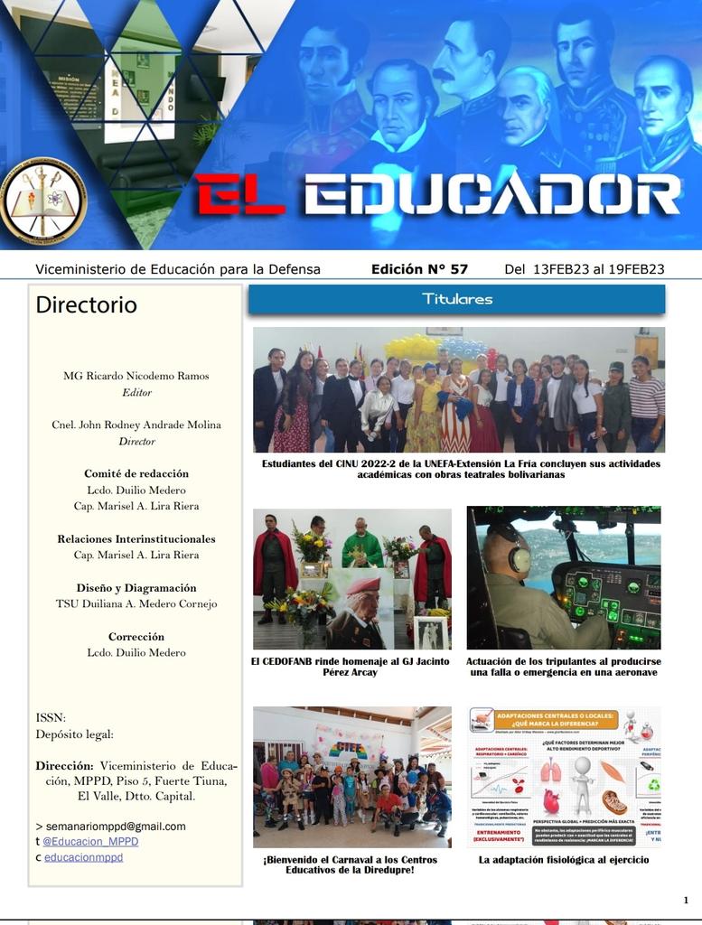Educacion_MPPD's tweet photo. #Entérate #06Mar // 📰 Conoce las noticias más importantes pertenecientes al @Educacion_MPPD, en la edición N° 57 del semanario informativo "El Educador". 

Leer más en el siguiente link: 
https://t.co/8T4W0CplIh…

#ExcelenciaEducativaMilitar
#Educación https://t.co/skMqWteUWK