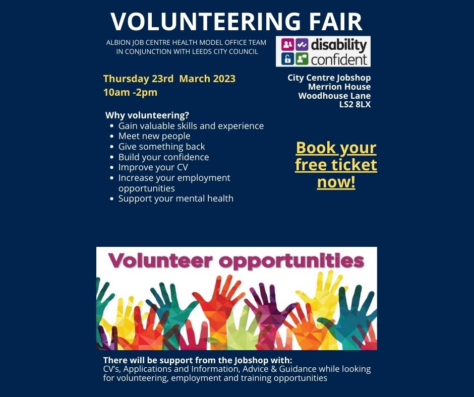 DWP Volunteering Fair at Merrion House City Centre Jobshop on Thursday 23rd March 10am-2pm