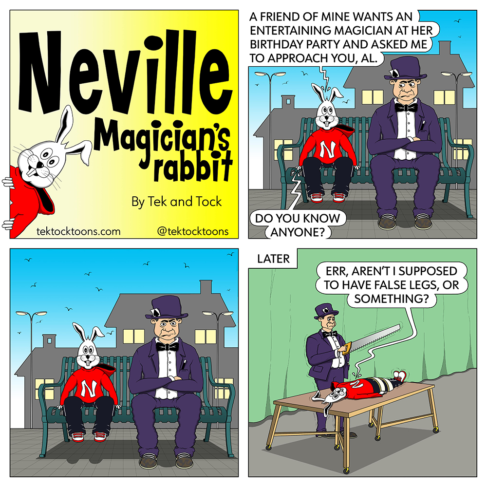 MagicConjuring's tweet photo. 'Do you know anyone?'
Here's our latest Neville, Magician's Rabbit cartoon.
Visit https://t.co/SL41ErlFK0 for more toons and the Neville Fan Club.
#cartooning #cartoonist #cartoonists #comic #comicstrips #comicpanel #digitalcomic #rabbits #cartoonrabbit #cartoonmagician https://t.co/66DtrfRHOv