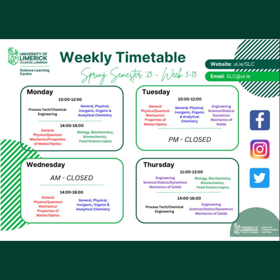 PessLimerick's tweet image. PESS students, are you struggling with a difficult module? Postgrad tutors can help you at the Science Learning Centre.  

⏱️ Drop-in Centre 
👩🏼‍🏫 Support Tutorials  
👥 Online 1-1 Appointments

Book a session ➡️ email slc@ul.ie

#ScienceSupport #StudyAtUL #UndergradAtUL #PESSUL