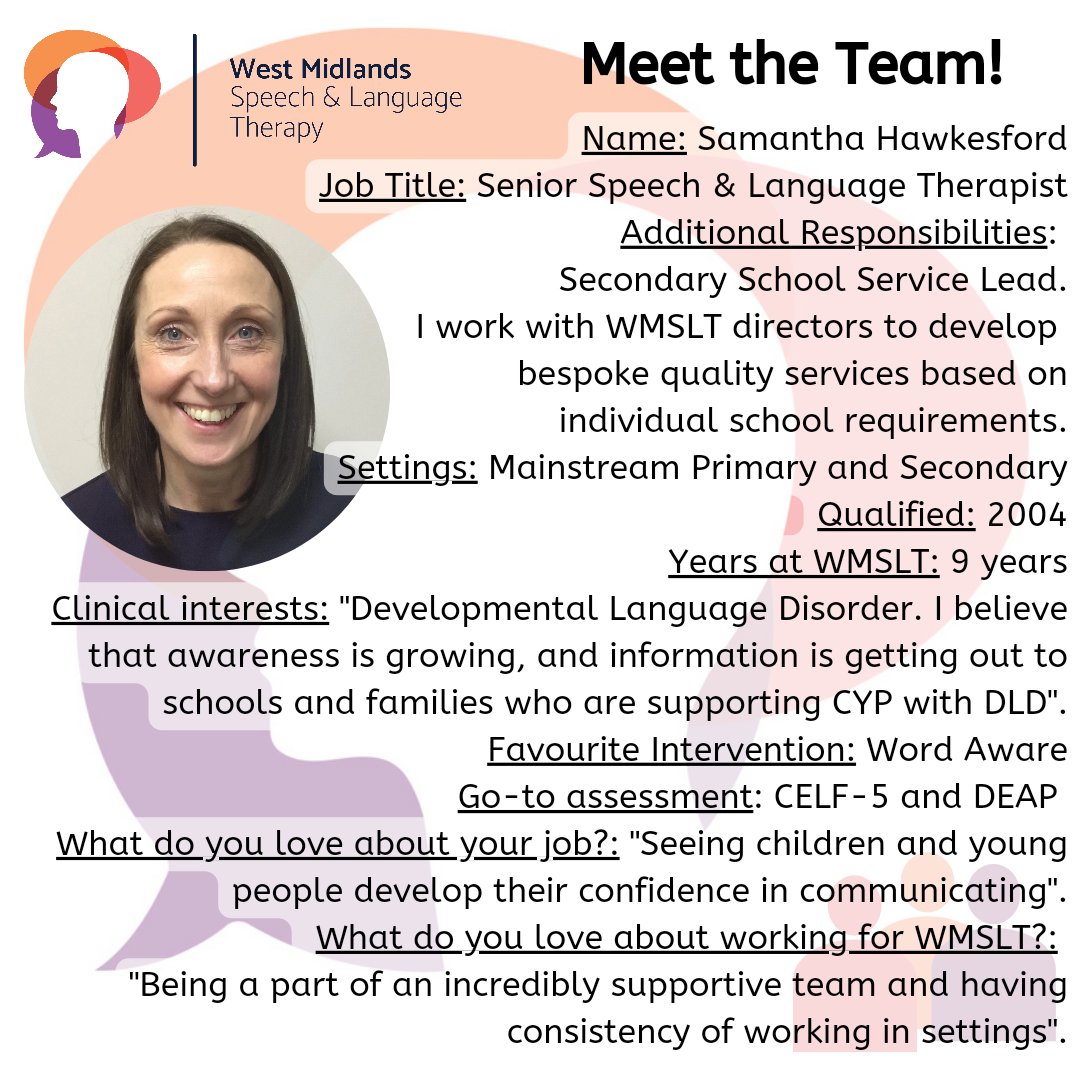 WMISLT2's tweet image. #MeetTheTeam 
Meet Sam 👋, our Service Lead for Secondary &amp;amp; Senior SLT.
Sam is a qualified trainer for #WordAware &amp;amp; #TalkForWork interventions. 
#SLCN #SLT #ServiceLead #SpeechandLanguageTherpaist