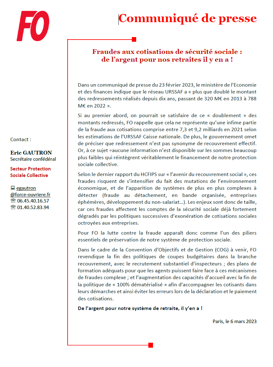 force_ouvriere's tweet photo. CP FO  Fraudes aux cotisations : de l’argent pour nos retraites il y en a ! Malgré le doublemnt des montants redressés,  ce n'est qu’une infime partie de la fraude aux cotisat°. La lutte contre la fraude est un pilier essentiel de préservat] de notre système de protect] sociale. https://t.co/w8Wtr7OQ8e