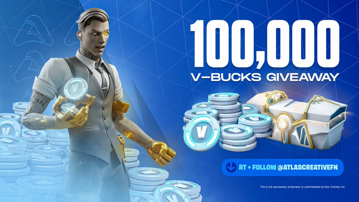 ⚠️ 100,000 V-BUCKS GIVEAWAY | #FortniteMEGA ⚠️ Prizes: 🏆 1 Grand Prize Winner of 50K V-Bucks 🥈 10 Winners of 5K V-Bucks Requirements: - Follow @AtlasCreativeFN - Retweet this! ⏳Ends in 72 Hours