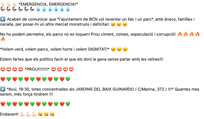 ▶️ EMERGÈNCIA
l'ajuntament de BCN vol reventar un llac i un parc, amb ànecs, famílies i canalla, per posar-hi un altre mercat monstruós i deficitari

▶️ *Avui, 18:30, totes concentrades als JARDINS DEL BAIX GUINARDO ( C/Marina, 372 ) !!!* Quantes mes serem, més força tindrem !!!