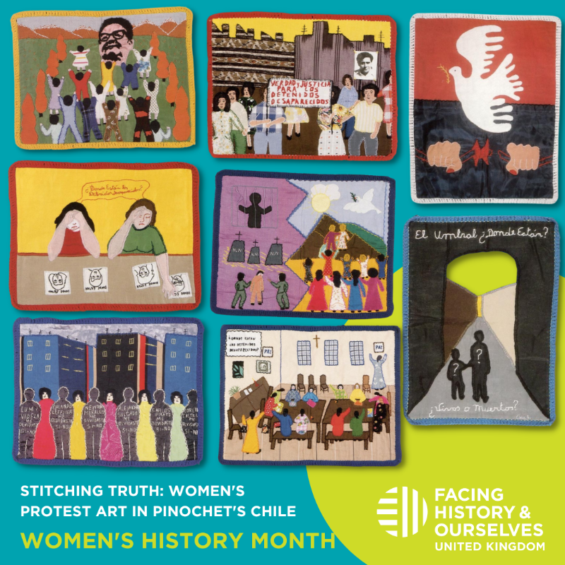 teachtomorrowuk's tweet photo. For #womenshistory month we're sharing our resource about a grassroots movement of Chilean women who protested human rights abuses by General Pinochet’s dictatorship by making embroidered art.
