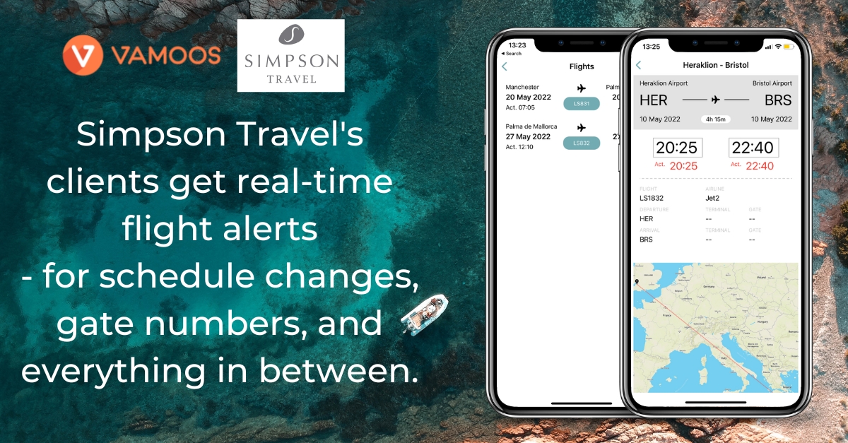 Award-winning travel company <a href="/simpsontravel/">Simpson Travel</a> give clients a top first impression with real-time flight updates - made possible by simply adding their flight number to the Vamoos app. 

Discover more Vamoos best practice at eu1.hubs.ly/H034ny20