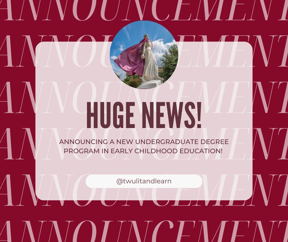 TWUEducation's tweet photo. 🎓 Exciting news! @TWULitandLearn at @txwomans now offers an undergraduate degree program in early childhood education! 🎉 Learn to teach 3- to 8-year-olds and become EC3:PK3 certificated in Texas. 💻📚 #education #earlychildhood #TWU

Learn more: https://t.co/DiQFoNPx4O https://t.co/lOZkWepeDi