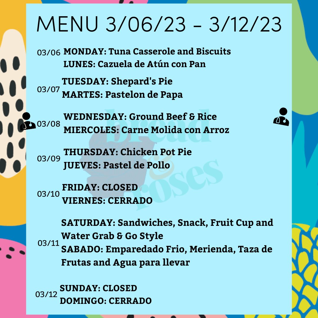 Check out what's on the menu this week at B&amp;R! Don't forget: the GLFHC Mobile Unit is here every Wed. at 5:30 PM.
 
¡Mira lo que hay en el menú esta semana en B&amp;R! No olvide: la unidad móvil de GLFHC está aquí todos los miércoles a las 5:30PM para el servicio sin cita previa.