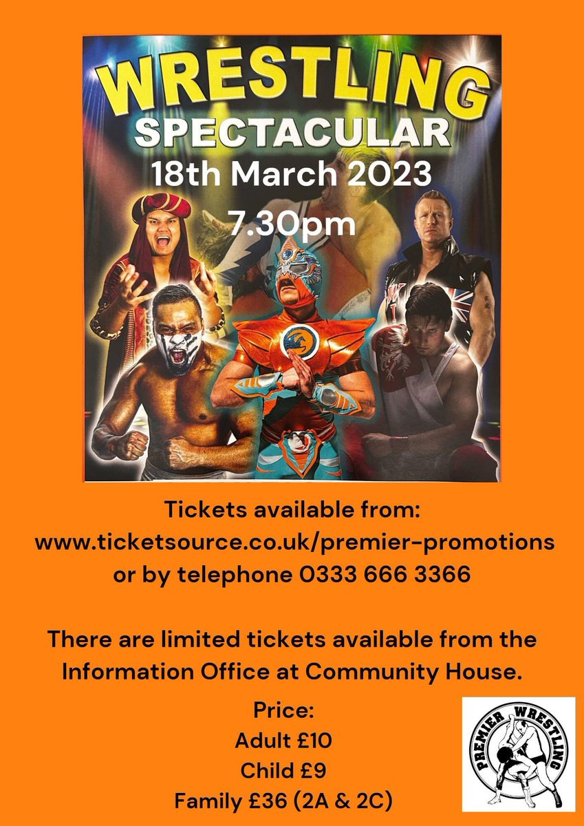Premier Promotions Wrestling show March 18thPeacehaven sensational six-man tag-team challenge With an over the top rope American Rumble-style finish, 
Stars in action include Man Mountain Karl Atlas, PWF champions Barry Cooper and Jordon Breaks, The Mighty Oak and Devil Man.