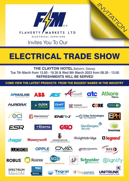 's tweet image. Come visit ABB Ireland tomorrow and Wednesday at Flaherty Markets electrical trade show taking place in The Clayton Hotel, Ballybrit, Galway.

#ABBIreland #ABBElectrification #consumerunits #emergencylighting #energyefficiency #flahertymarkets #galway
#technology #electrical