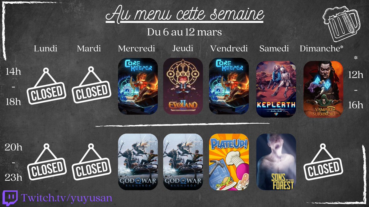 yuyukun85's tweet image. Le menu de la semaine est arrivé

Les 1 an de @CoreKeeperGame est enfin la !
Le slowrun sur #GodofWarRagnarök continue toujours
La fin de #EvolandII ?
Soirée #streameur sur #PlateUp
On test #Keplerth
#sonsoftheforest avec @RedKovFR
Et #VampireSurvivors

@RTwitchFR @StreamAide