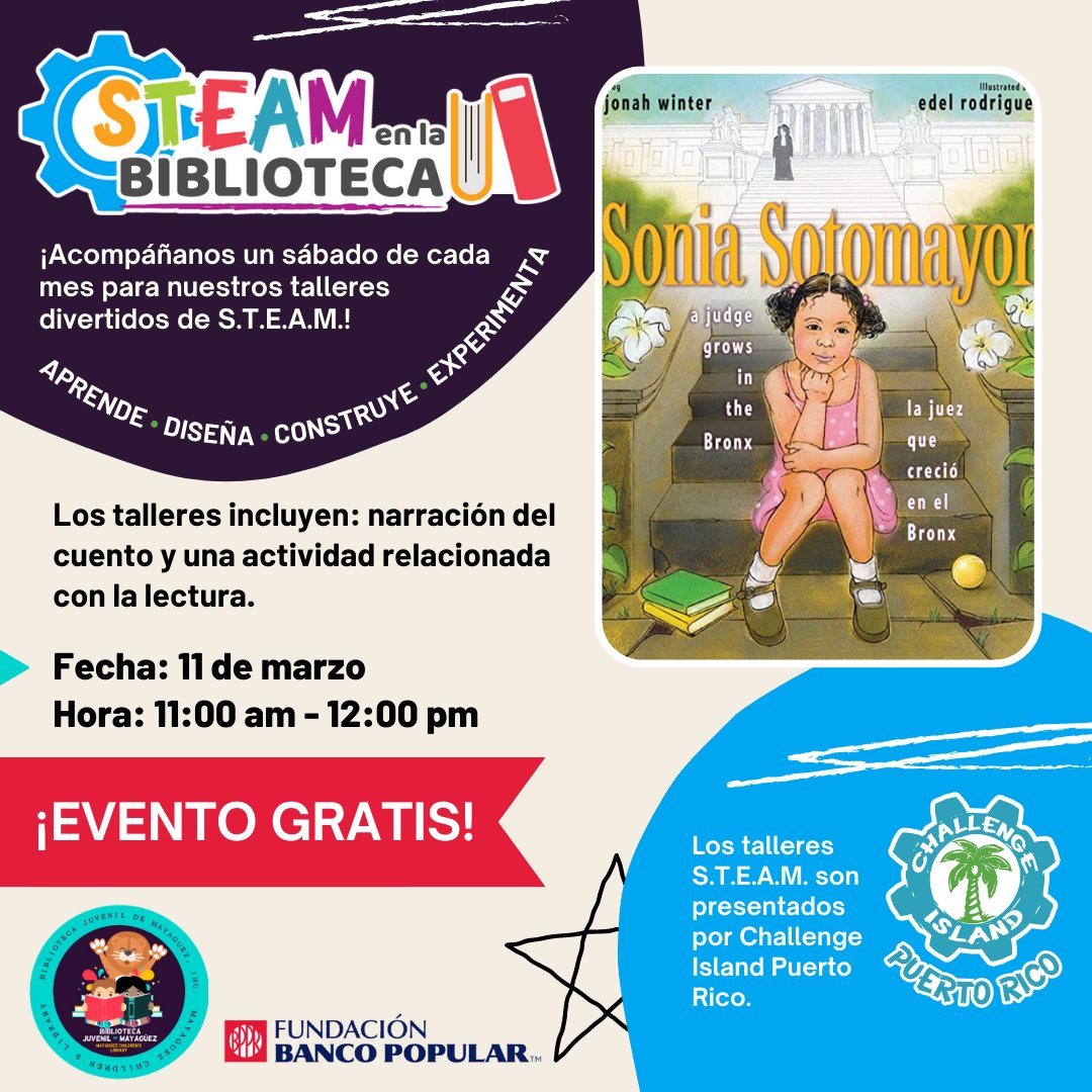 IslandPuerto's tweet photo. ¿Está buscando que hacer con sus hijos este fin de semana? Nuestro evento de STEAM en la Biblioteca ahora es ¡libre de costo! 
.
#ChallengeIslandPuertoRico #STEM #STEAM #TalleresCreativosParaNiños #ActivitiesForKids #CreativeLearning #SoniaSotomayor https://t.co/DhjLwOxTum