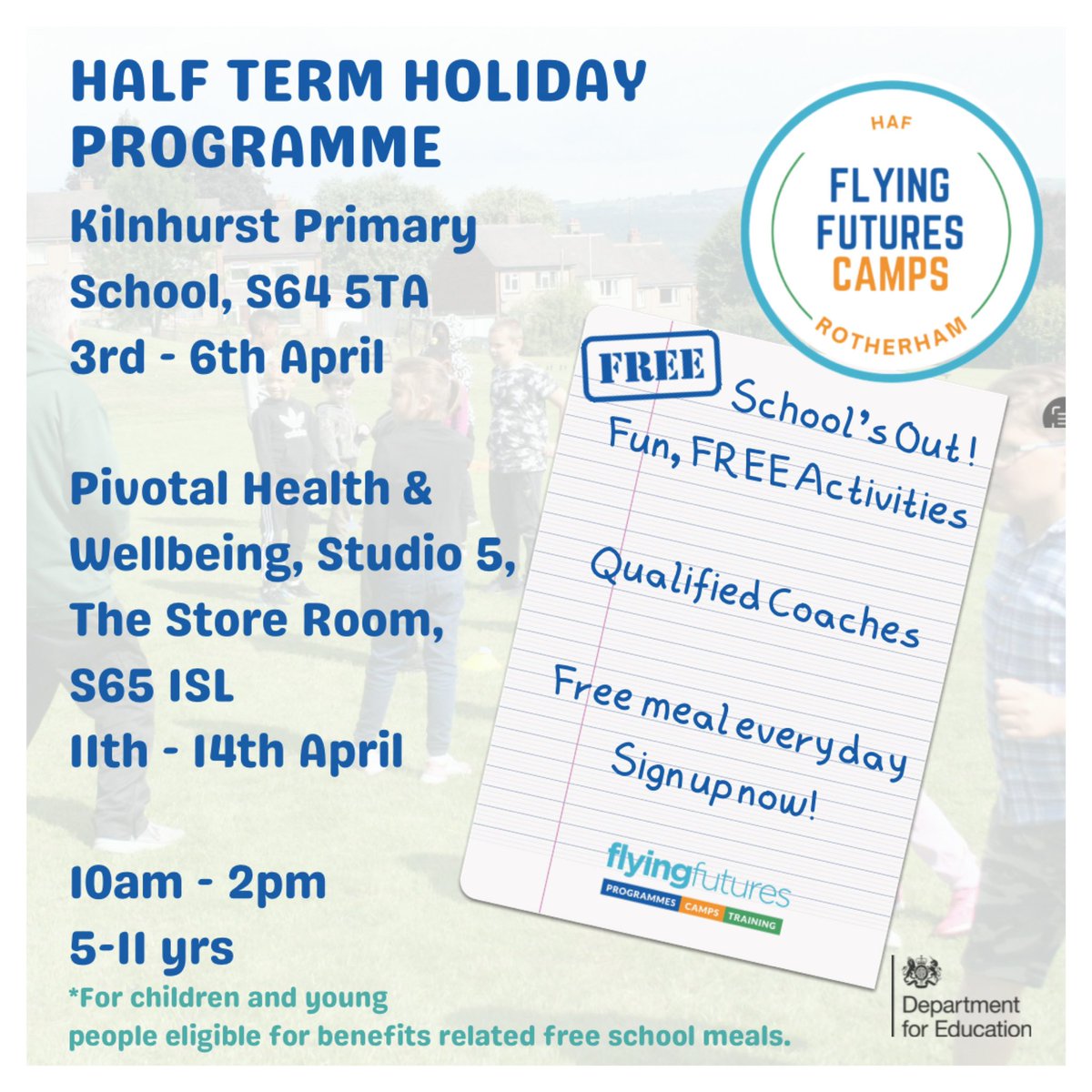 You can now book a space on our FREE Half Term Programme in Rotherham. 

Kilnhurst Primary School, 
S64 5TA
3rd - 6th April

Pivotal Health &amp; Wellbeing, S
S65 1SL
11th - 14th April

10am - 2pm
5-11 yrs

See link to book a space 🙌🏽 flyingfutures.org/camps/camp-rot…

#easter #rotherham